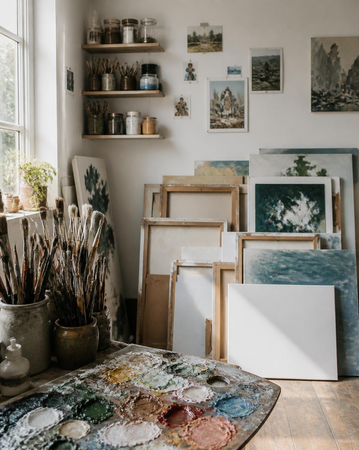 Brushes, palette and stacked canvases in a home studio