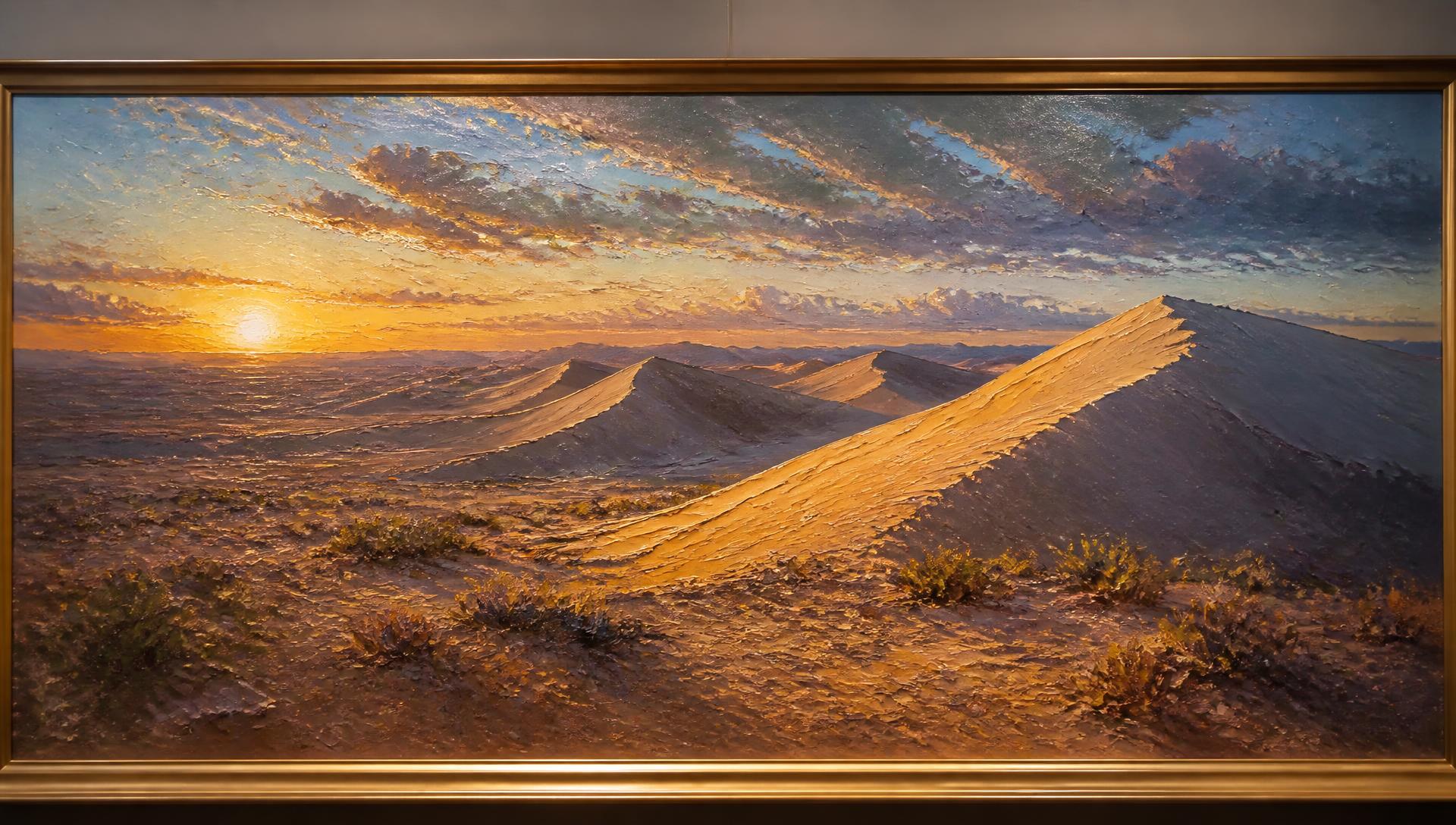 Oil painting of desert dunes at golden hour