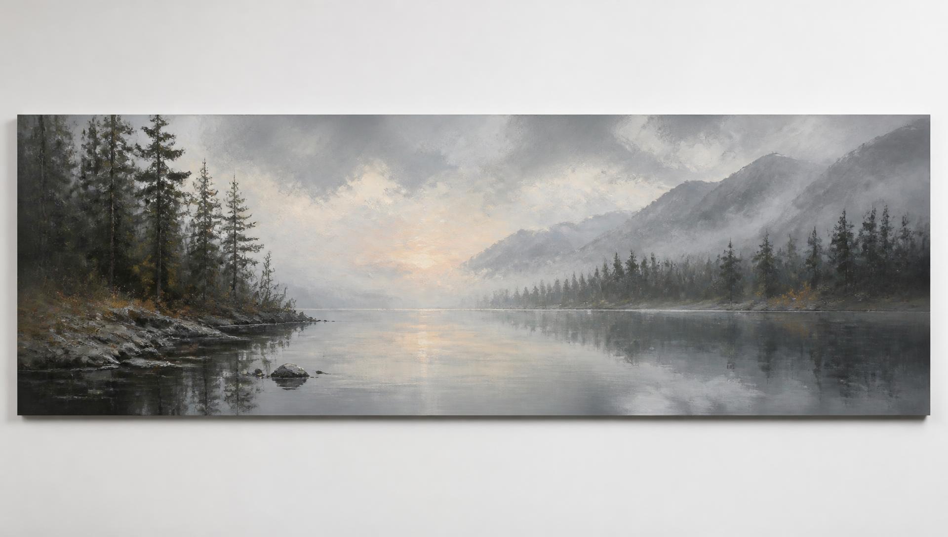 Oil painting of a misty lake at dawn